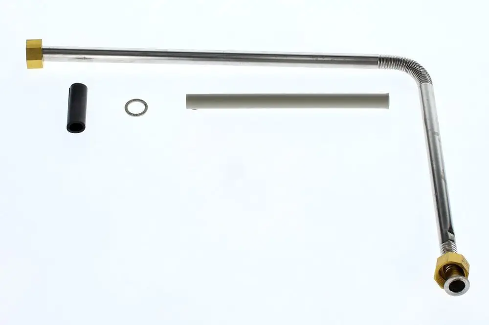 BOSCH Anschlussrohr aus Metall mit zwei angeschweißten Gewinden, einem gebogenen Abschnitt und mehreren kleinen Einzelteilen, die zur Montage gehören.